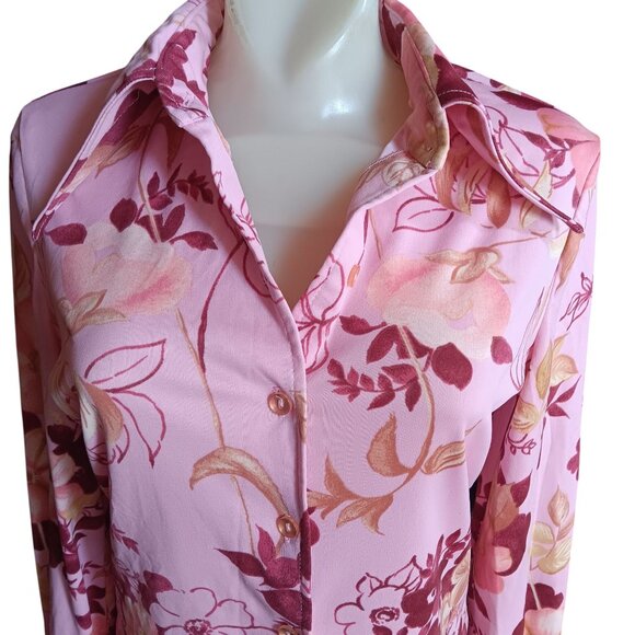 Medium True Vintage Disco Top Blouse 1970's Pink Flowers Floral Print Stretch - Picture 1 of 6